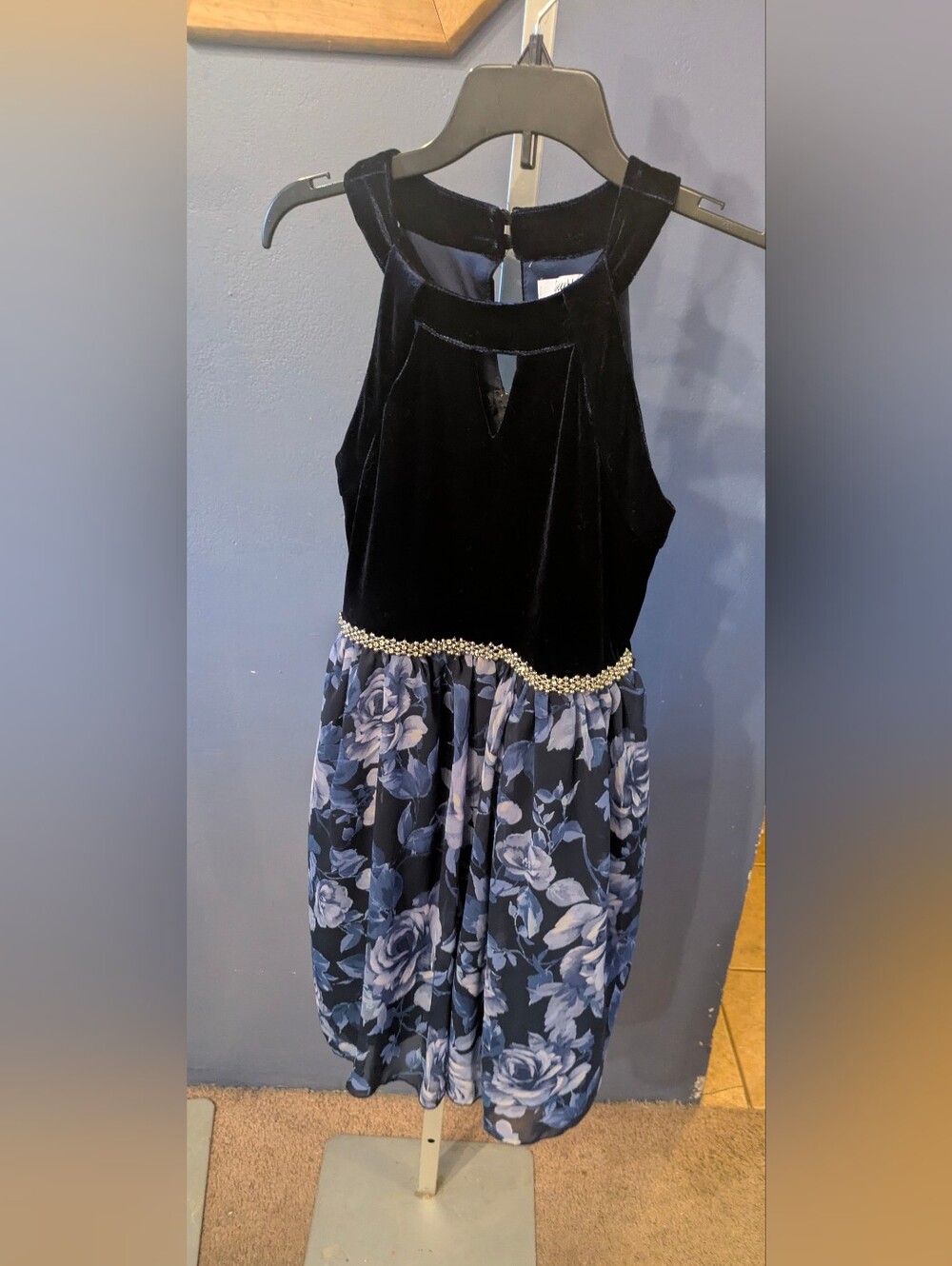 Girls Sz 10 Dressy Navy Velvet & Floral Net Sleeveless Cocktail Dress Speechless